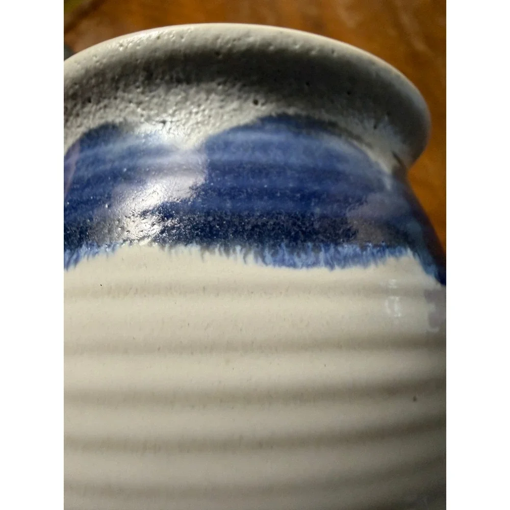 Studio Pottery Vase Blue Cream Ribbed Hand Thrown Drip Glaze